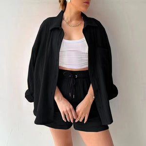 🌞Grande vente d'été 40% de réduction-chemise deux pièces à manches longues et short à cordon de serrage (sans Bandeau)