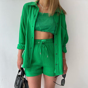🌞Grande vente d'été 40% de réduction-chemise deux pièces à manches longues et short à cordon de serrage (sans Bandeau)