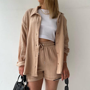🌞Grande vente d'été 40% de réduction-chemise deux pièces à manches longues et short à cordon de serrage (sans Bandeau)
