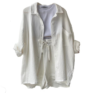 🌞Grande vente d'été 40% de réduction-chemise deux pièces à manches longues et short à cordon de serrage (sans Bandeau)