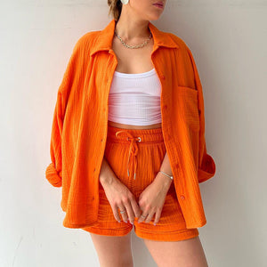 🌞Grande vente d'été 40% de réduction-chemise deux pièces à manches longues et short à cordon de serrage (sans Bandeau)