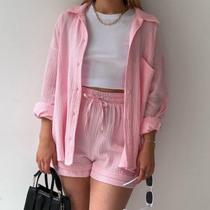 🌞Grande vente d'été 40% de réduction-chemise deux pièces à manches longues et short à cordon de serrage (sans Bandeau)