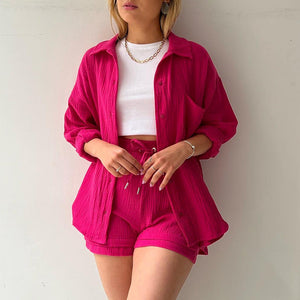 🌞Grande vente d'été 40% de réduction-chemise deux pièces à manches longues et short à cordon de serrage (sans Bandeau)