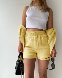 🌞Grande vente d'été 40% de réduction-chemise deux pièces à manches longues et short à cordon de serrage (sans Bandeau)